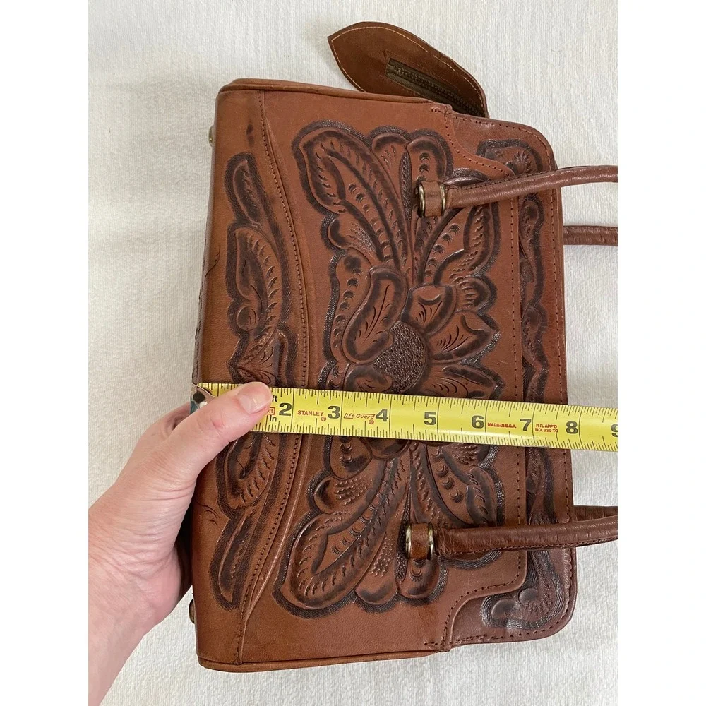Vtg Mikes MGE Hand Tooled Floral Leather Satchel Bag Brown Western Boho Mexico